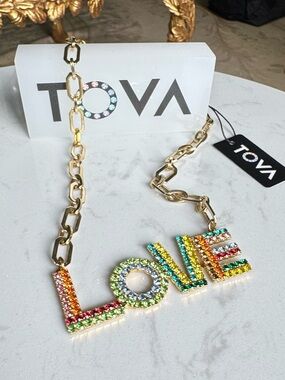 TOVA Gold Chain Necklace with Multicolor Crystals STATEMENT LOVE Pendant